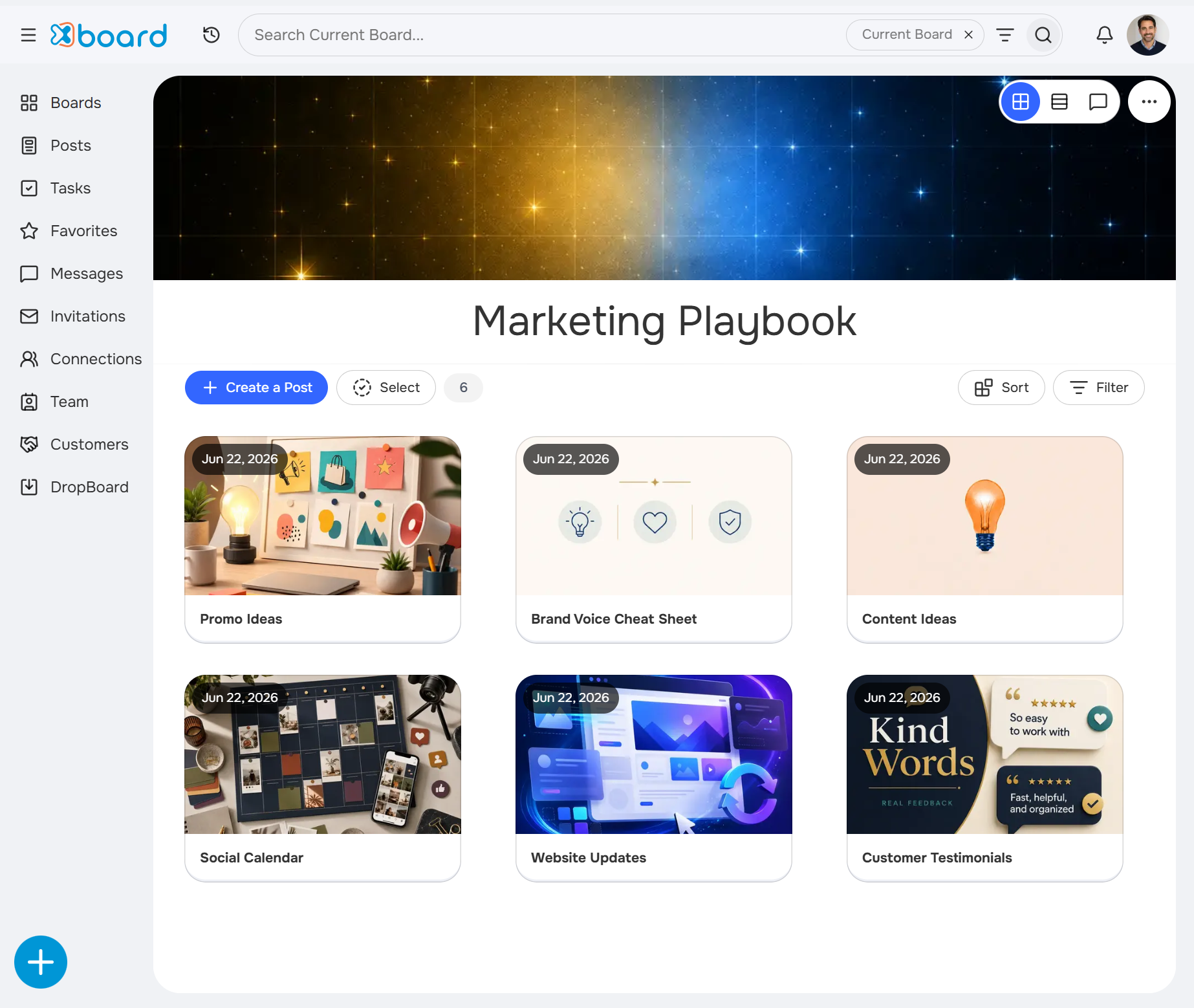 An xBoard Board called Marketing Playbook, showing posts like Promo Ideas, Brand Voice Cheat Sheet, and Content Ideas, alongside the Board Members panel and the left navigation for Boards, Posts, Tasks, Messages, Team, and Customers.