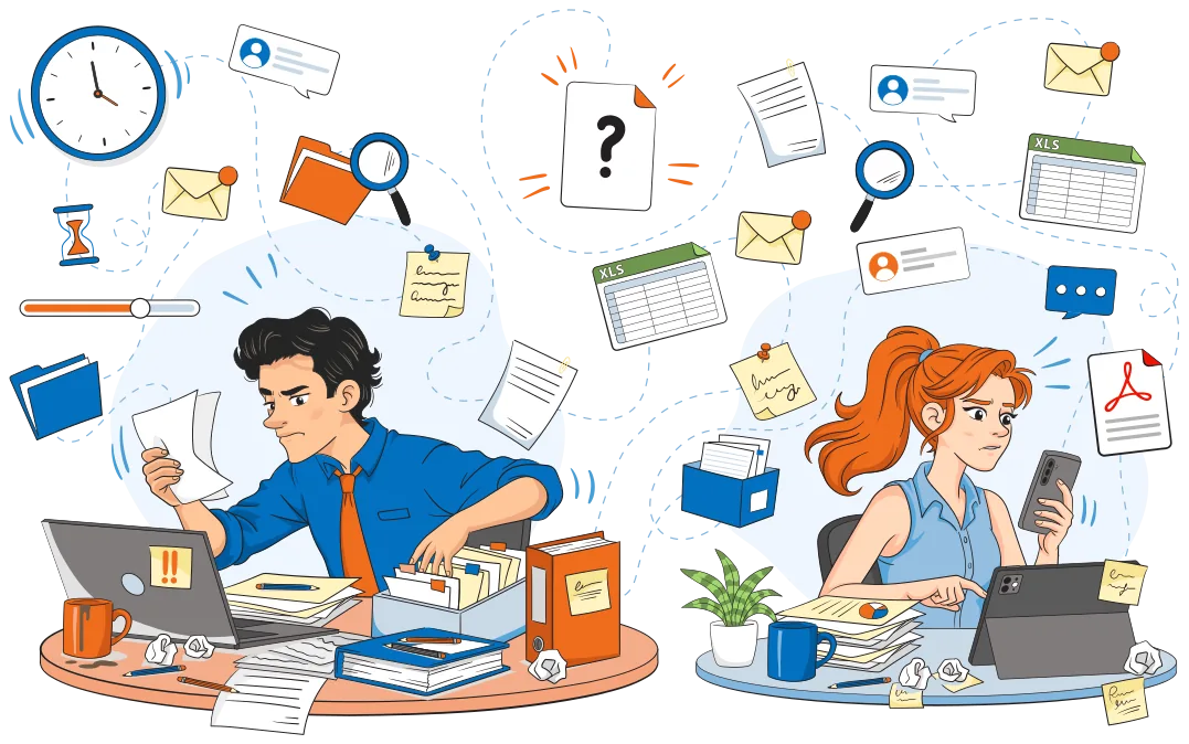 Two overwhelmed workers surrounded by scattered files, emails, and documents