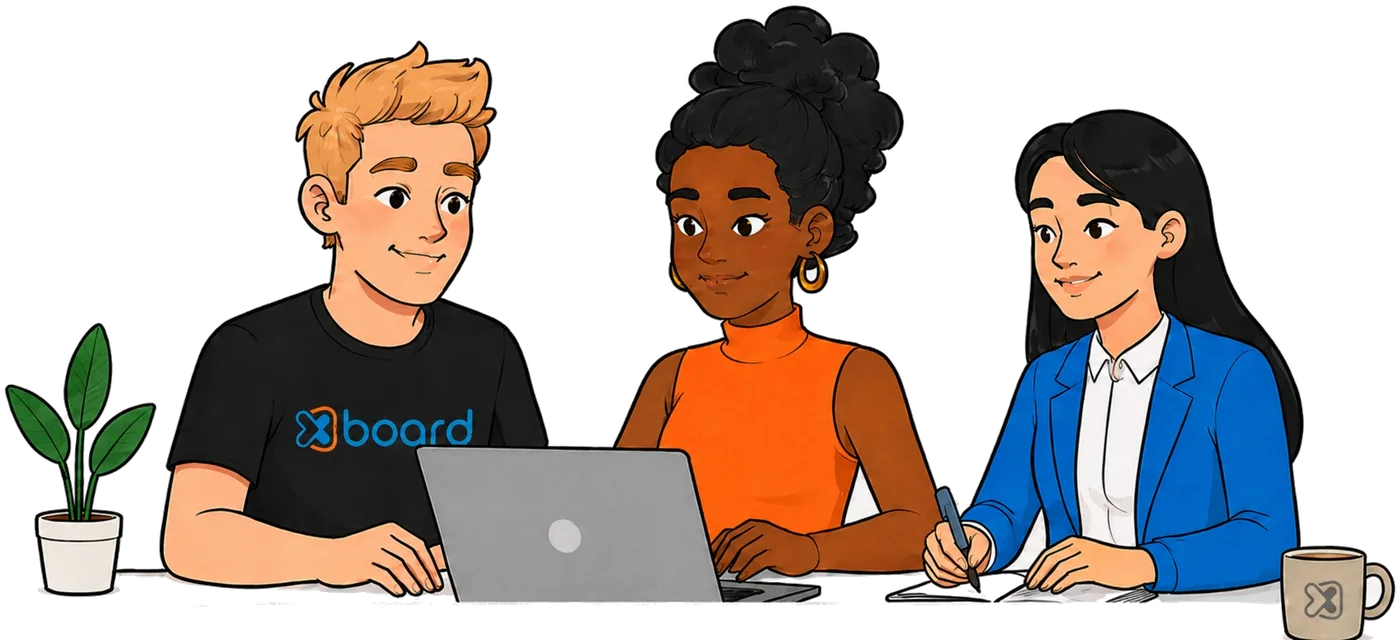 A team working together with a customer around a shared xBoard